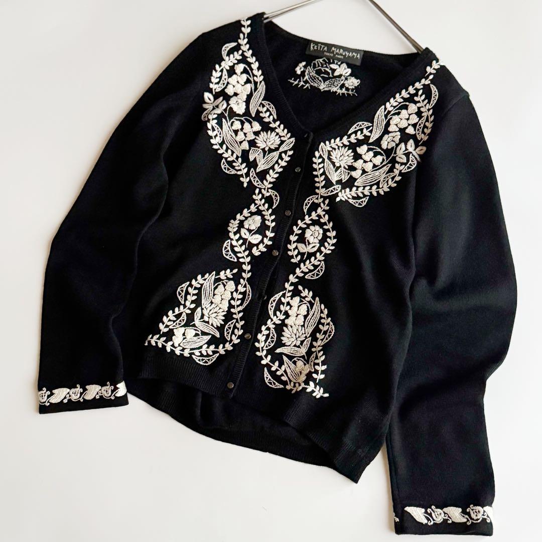 ケイタマルヤマ ウールカシミヤ ニット カーディガン 花刺繍 黒 1 フラワー