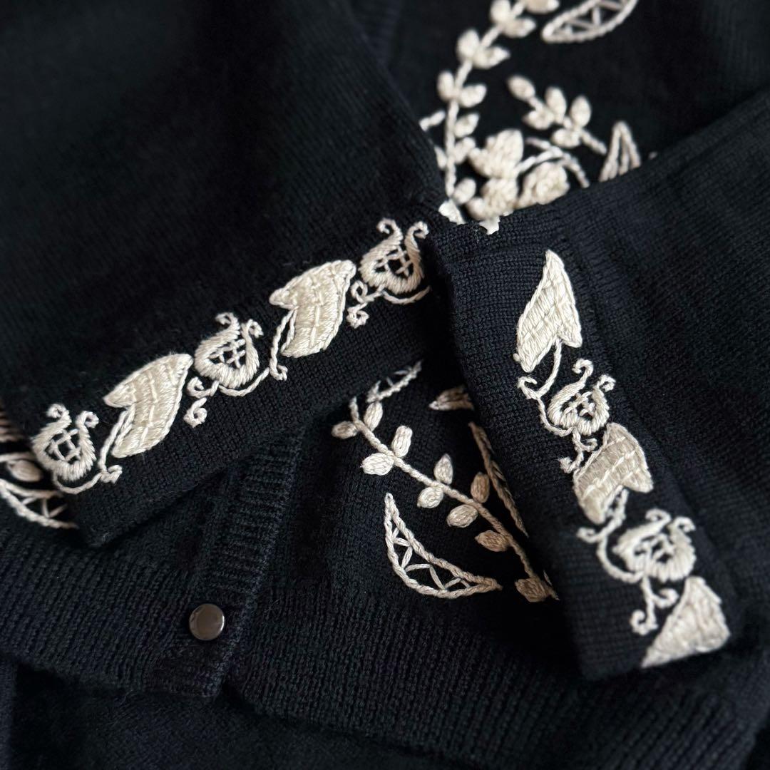 ケイタマルヤマ ウールカシミヤ ニット カーディガン 花刺繍 黒 1 フラワー