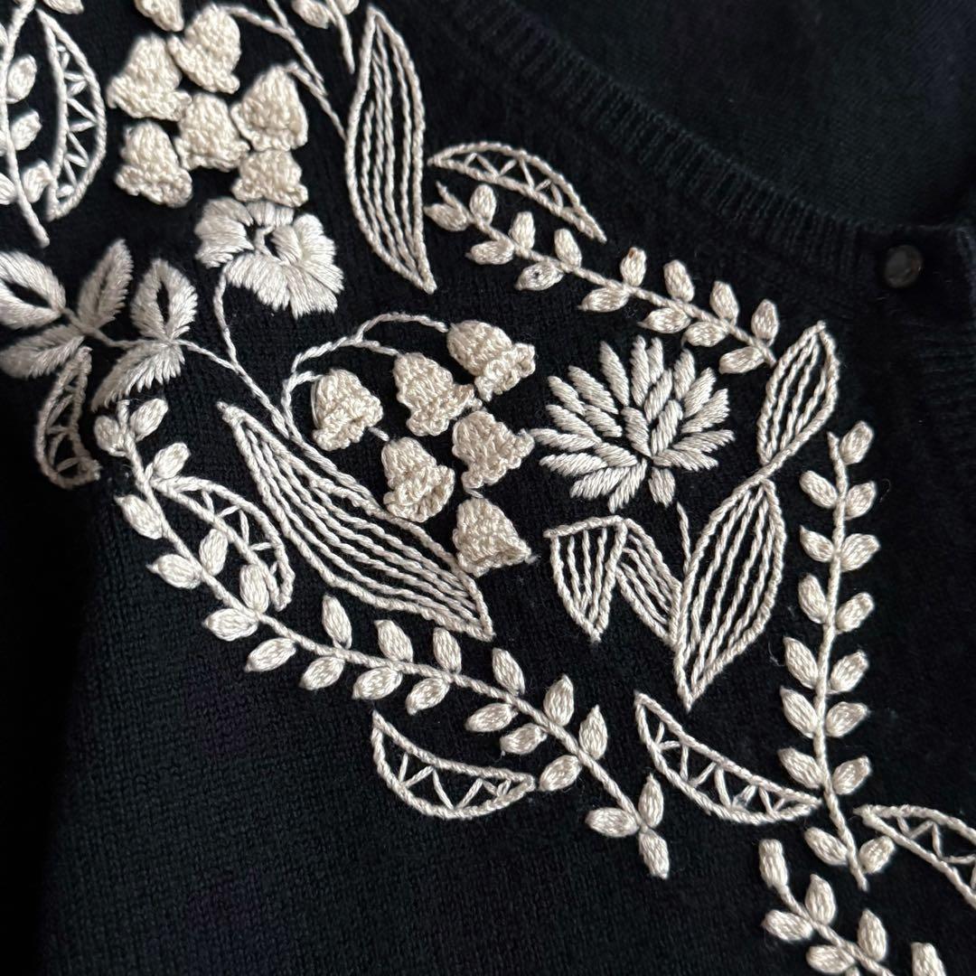 ケイタマルヤマ ウールカシミヤ ニット カーディガン 花刺繍 黒 1 フラワー