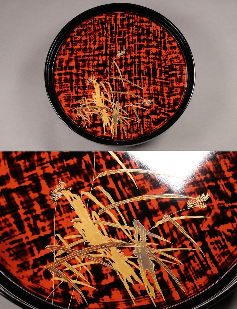 M851/ 木製漆器 草花絵変蒔絵 足付円形膳 五客 根来 黒塗 / 丸輪島加賀