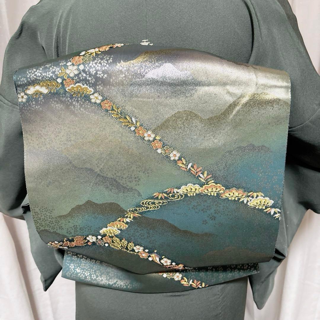 未使用近い　美品　袷　正絹　縮緬　色無地　フルセット　西陣唐織漆箔袋帯