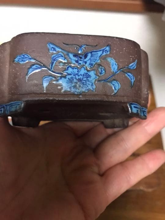 盆栽鉢　時代　陶翠　彩交趾黒泥隅入長方鉢