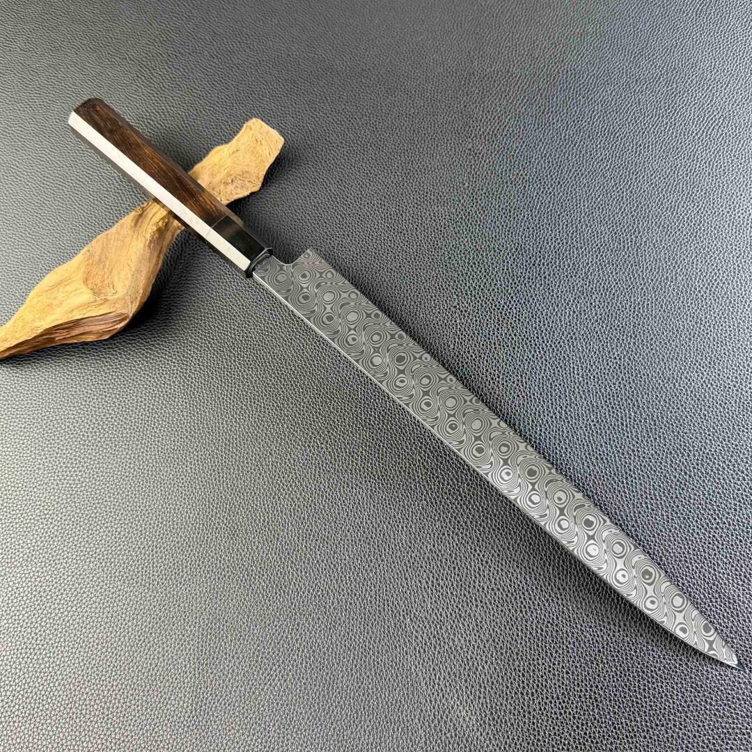 9434新品 ダマスカス 柳刃包丁 尺一 風紋の刃 105層 黒檀黒水牛角八角柄