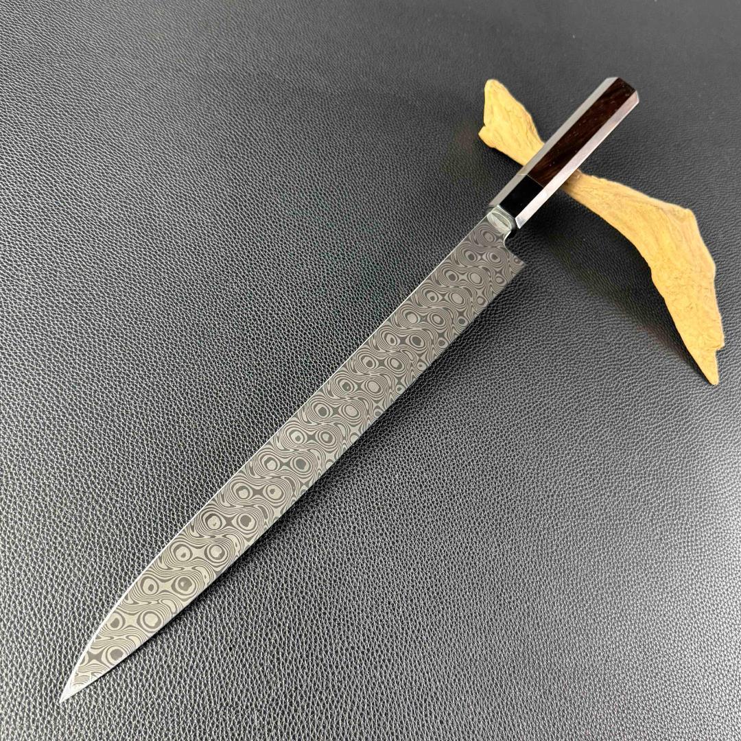 9434新品 ダマスカス 柳刃包丁 尺一 風紋の刃 105層 黒檀黒水牛角八角柄