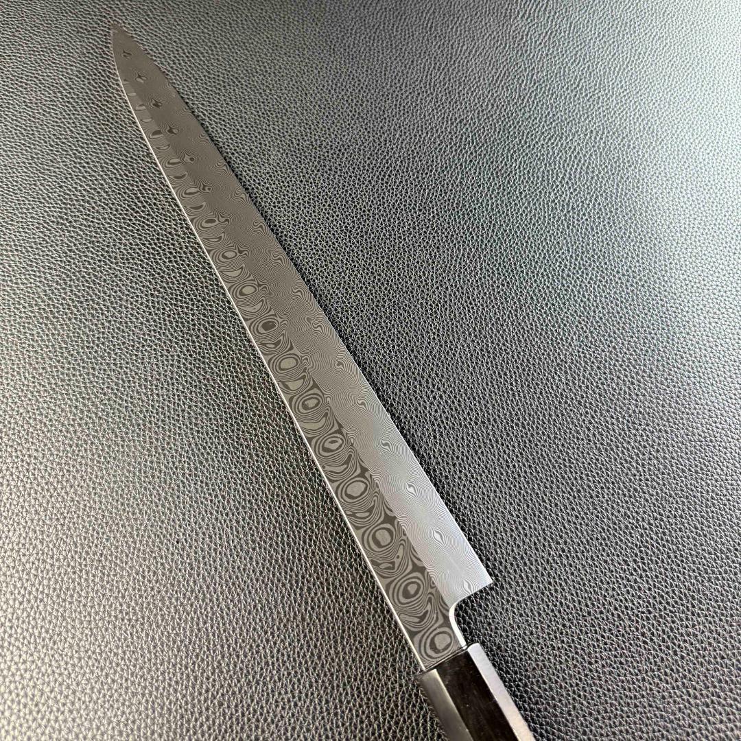 9434新品 ダマスカス 柳刃包丁 尺一 風紋の刃 105層 黒檀黒水牛角八角柄