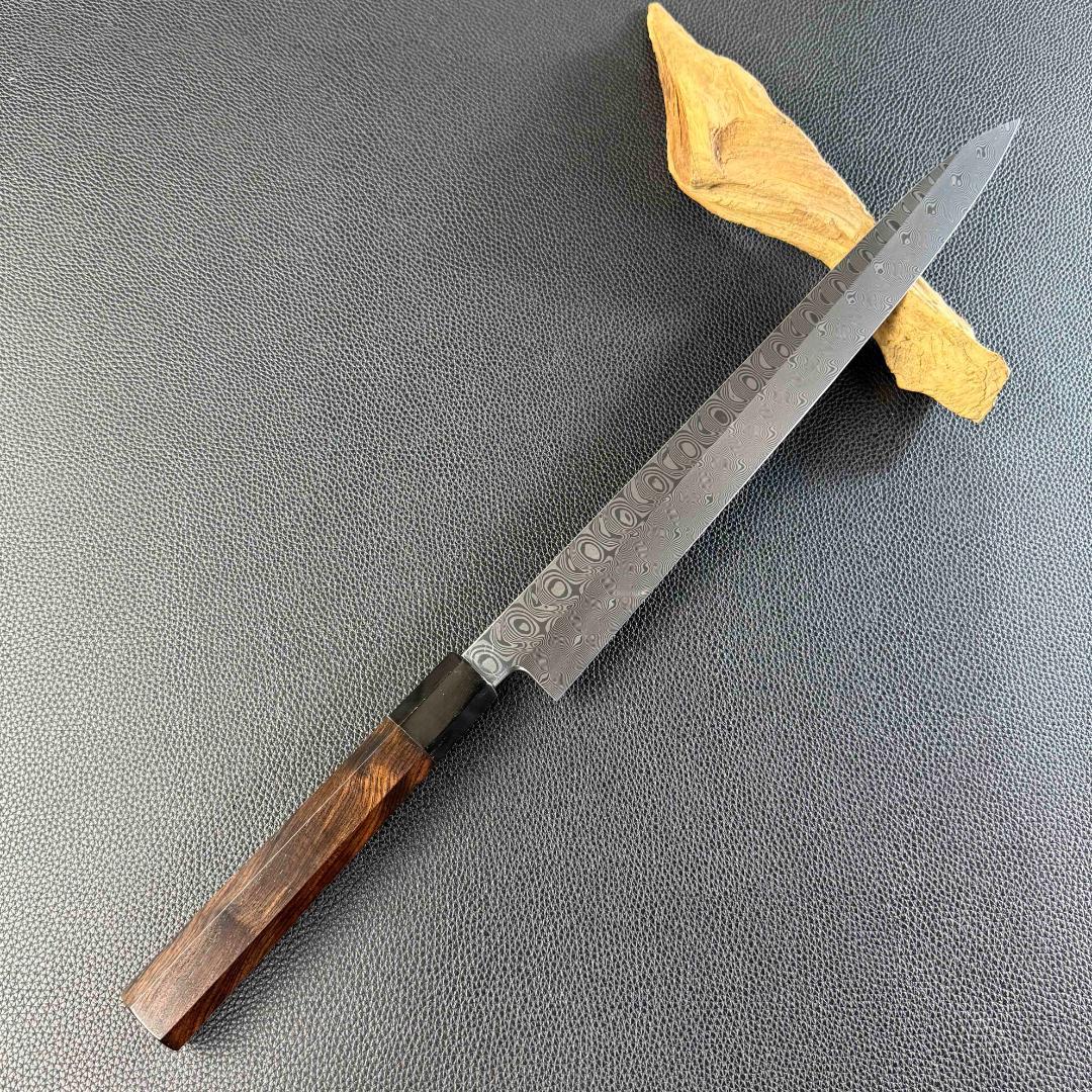 9434新品 ダマスカス 柳刃包丁 尺一 風紋の刃 105層 黒檀黒水牛角八角柄