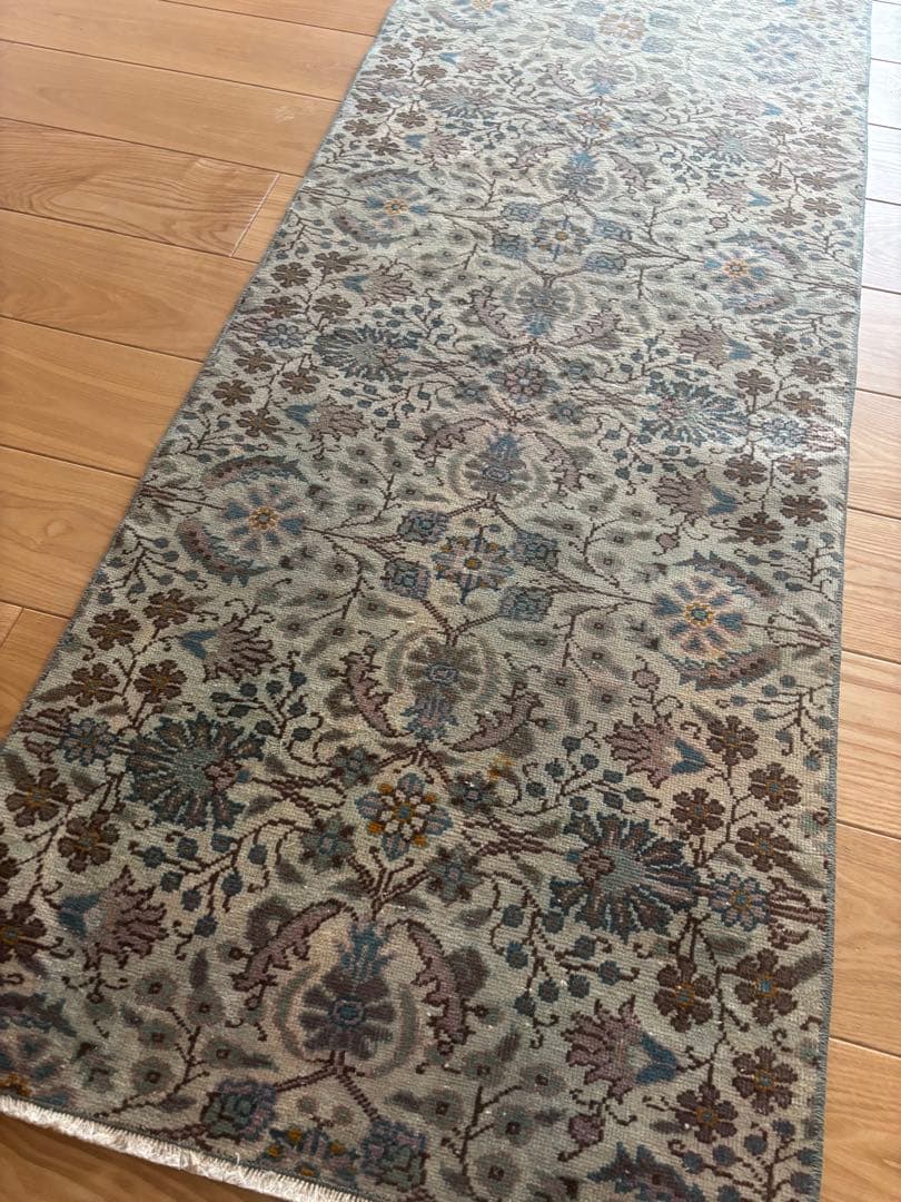 トルコ　ヴィンテージラグ　ランナー　ブルーグリーン193×63