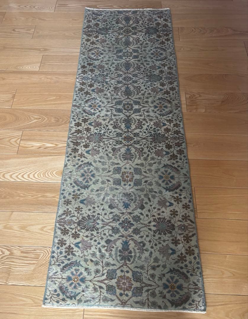 トルコ　ヴィンテージラグ　ランナー　ブルーグリーン193×63