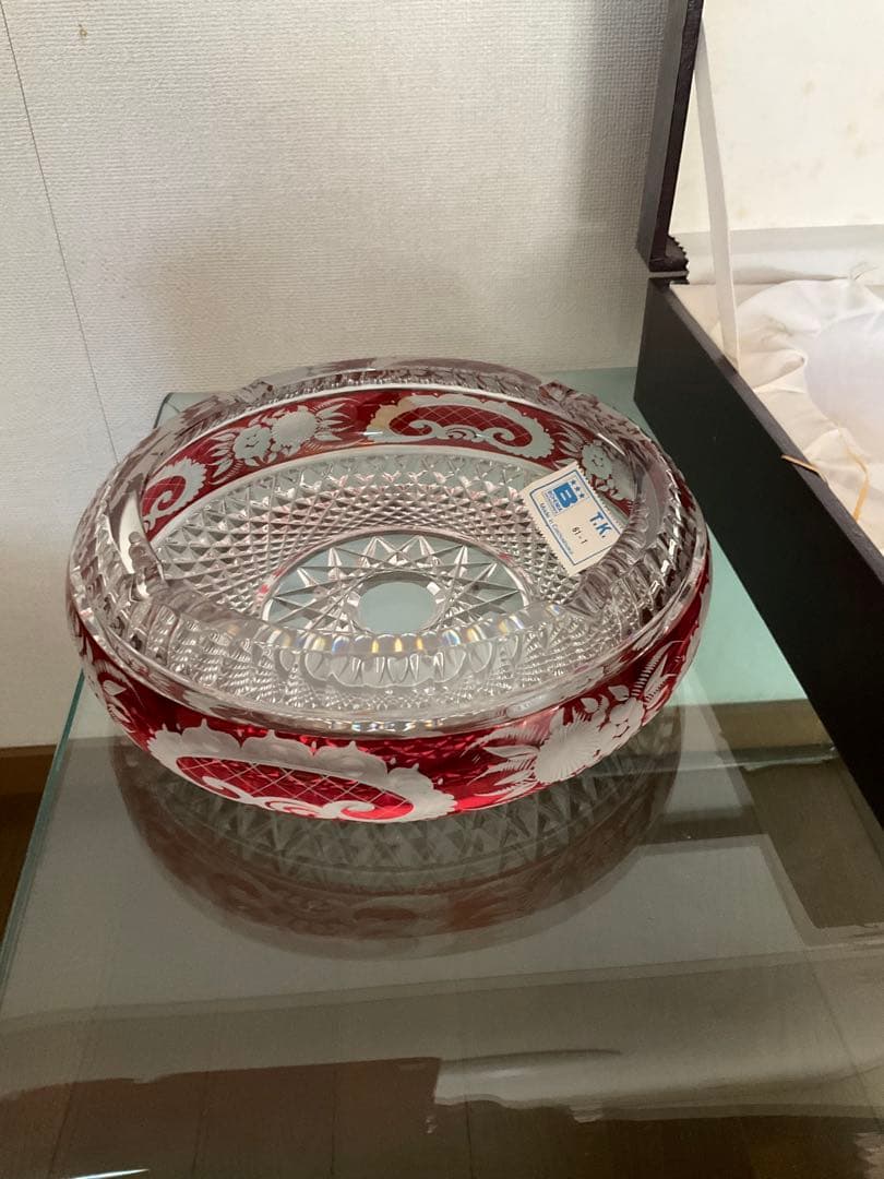 チェコスロバキア、Bohemia Glass 赤クリスタル皿 専用ケース付き
