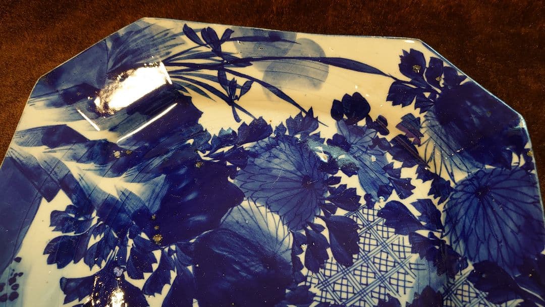 古伊万里　伊万里　染付　華の図　八角皿　１客