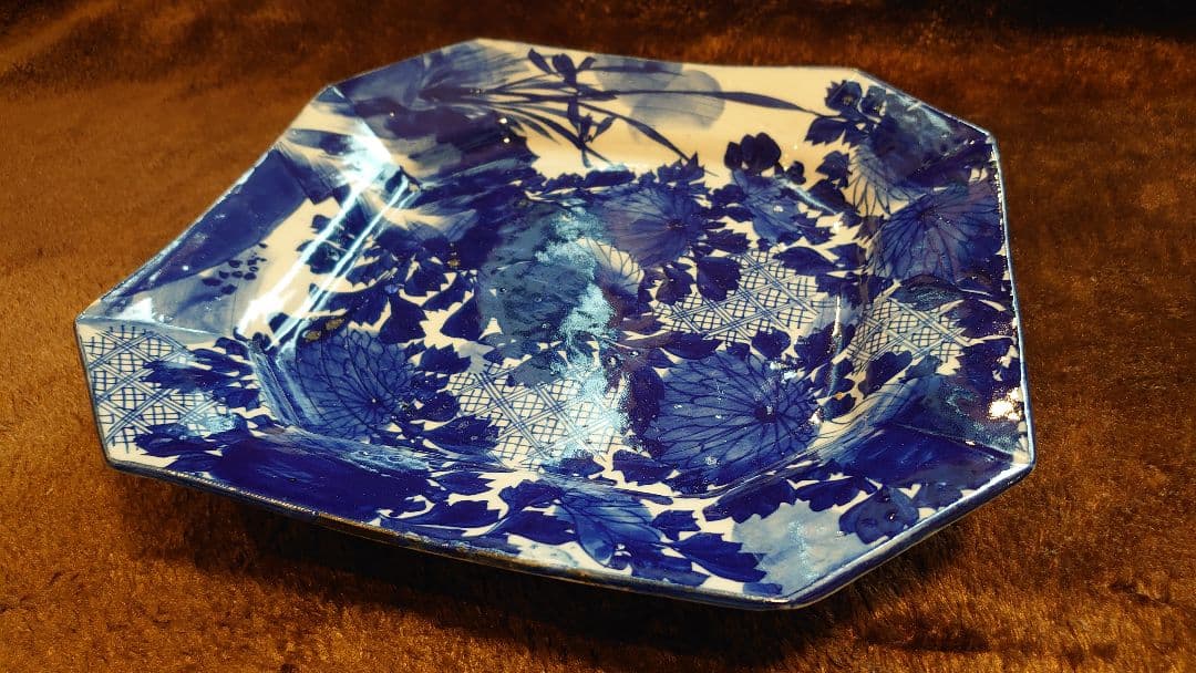 古伊万里　伊万里　染付　華の図　八角皿　１客