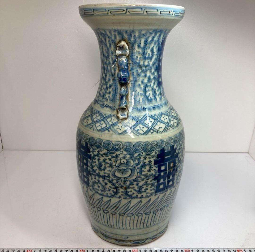 中国清時代　青花双喜大花瓶　高さ43cm