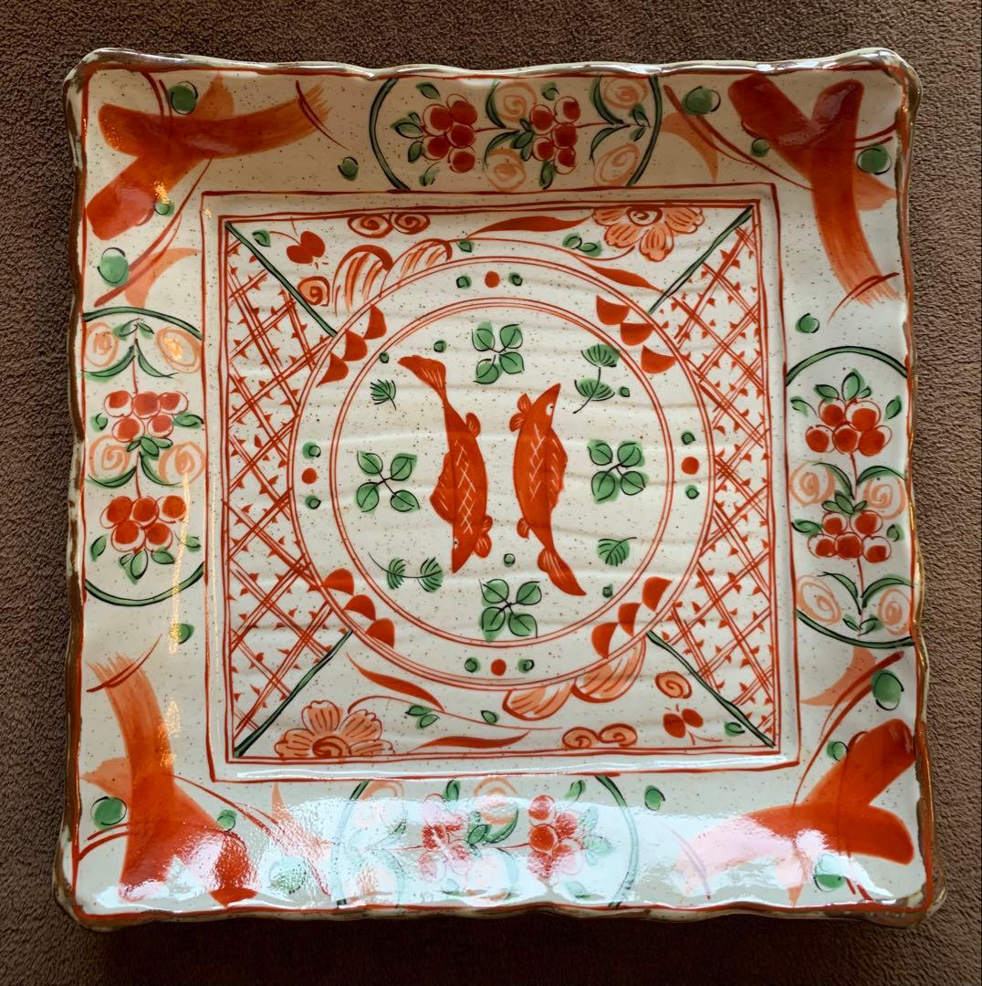 美濃焼　魚と花の柄　陶器皿 大皿　木箱付き