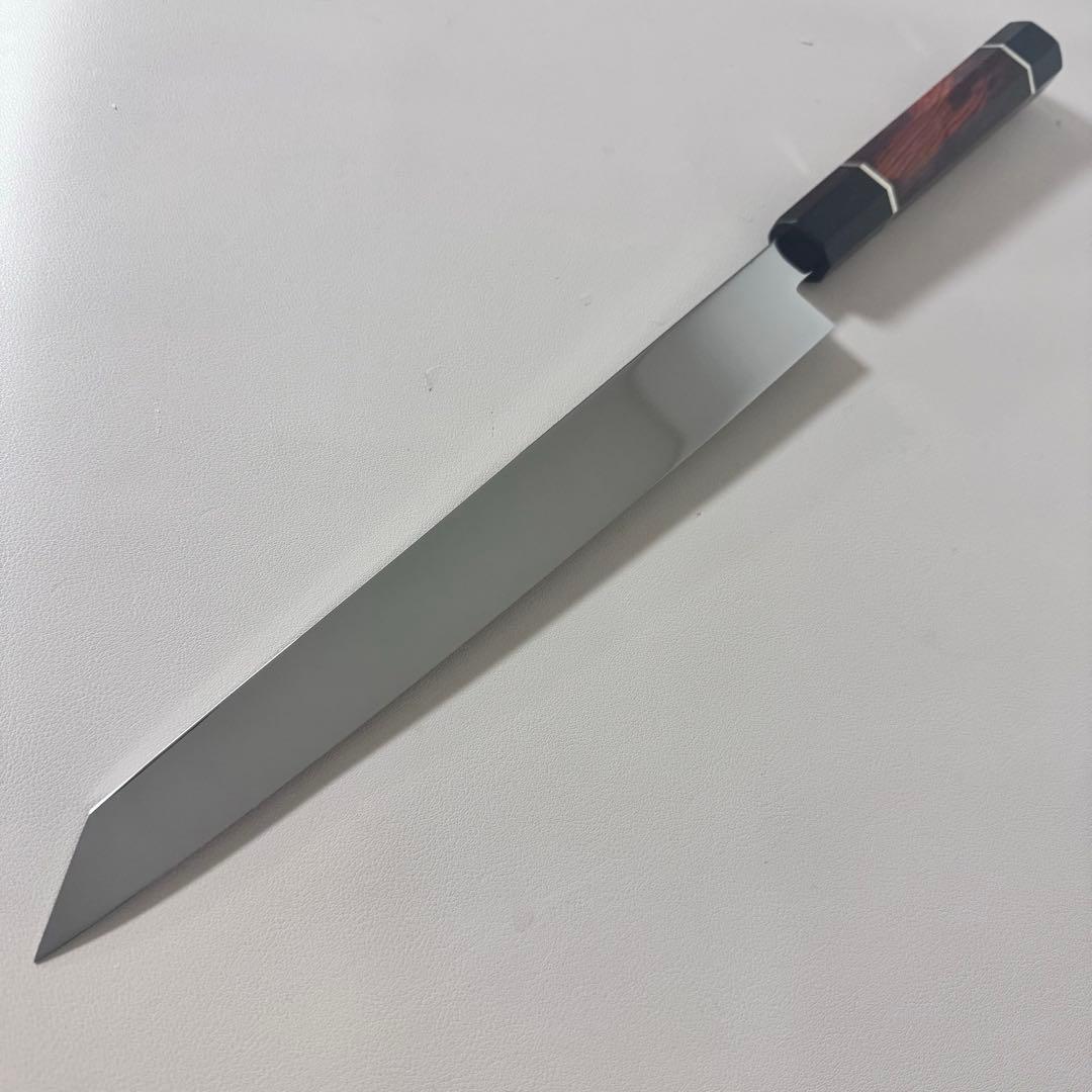 270mm 切付柳刃包丁 鏡面　天然木八角柄 刺身包丁 「全鋼」'.。！