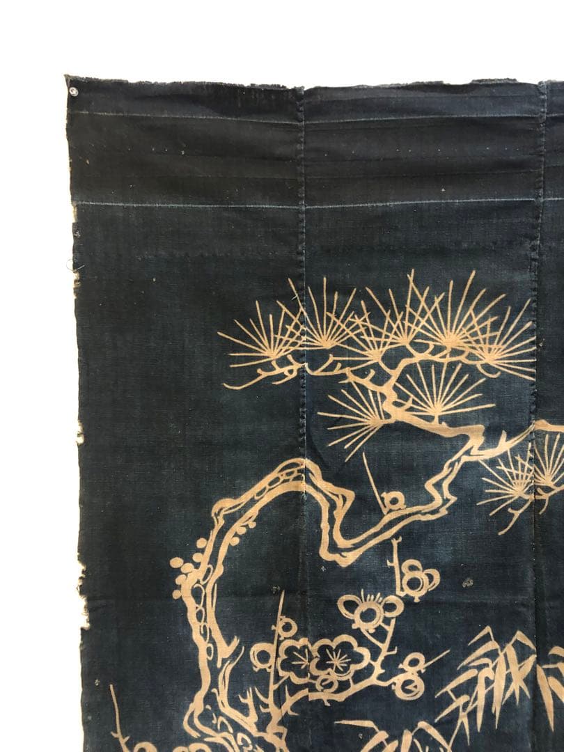 藍染筒描き三巾加賀のれん時代物木綿古布　ソ-182
