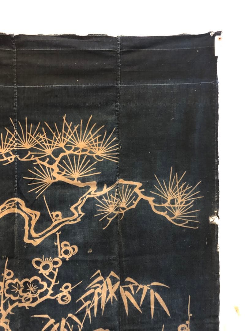 藍染筒描き三巾加賀のれん時代物木綿古布　ソ-182