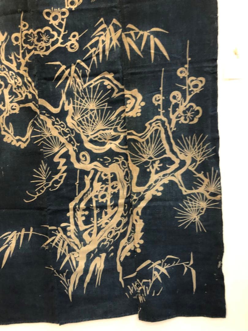 藍染筒描き三巾加賀のれん時代物木綿古布　ソ-182