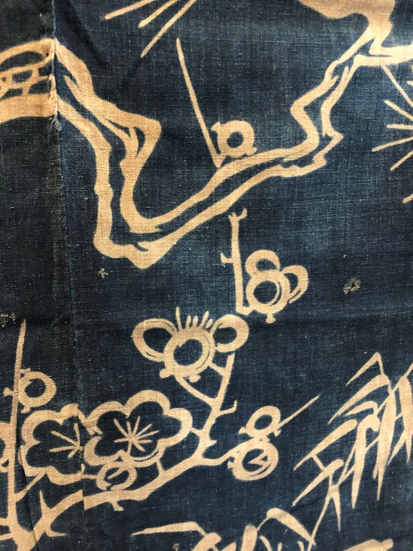 藍染筒描き三巾加賀のれん時代物木綿古布　ソ-182
