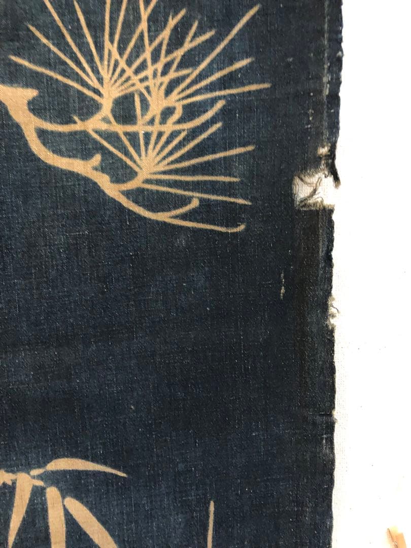 藍染筒描き三巾加賀のれん時代物木綿古布　ソ-182