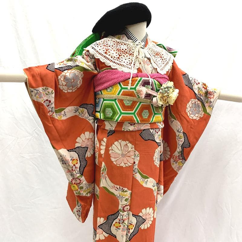 409aj72■十三参り 卒業式 アンティークジュニア着物＆袋帯■良好