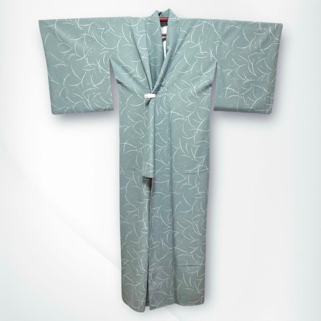 【美品✨】東レシルック　洗える着物　小紋　緑みのグレー　葉と実　袷　F1