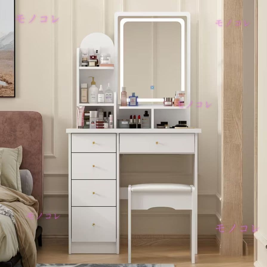 （モノコレ）ドレッサー 幅 80cm LED ライト スツール付き ホワイト
