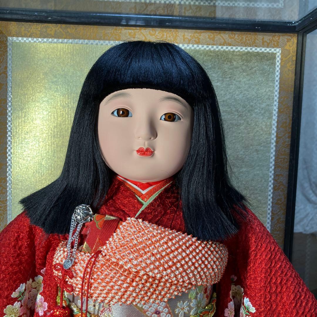 市松人形 ガラスケース入り 赤地桜着物 銘札あり