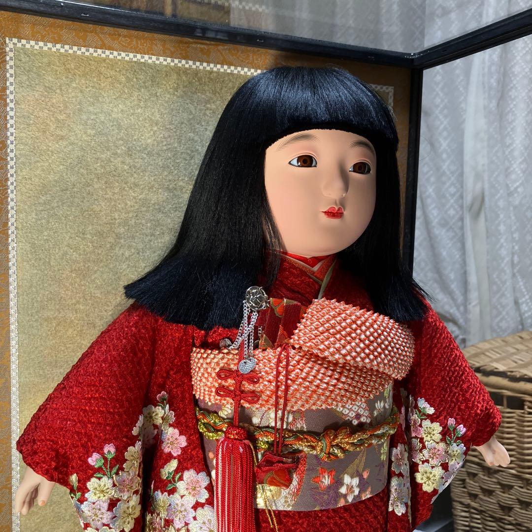 市松人形 ガラスケース入り 赤地桜着物 銘札あり