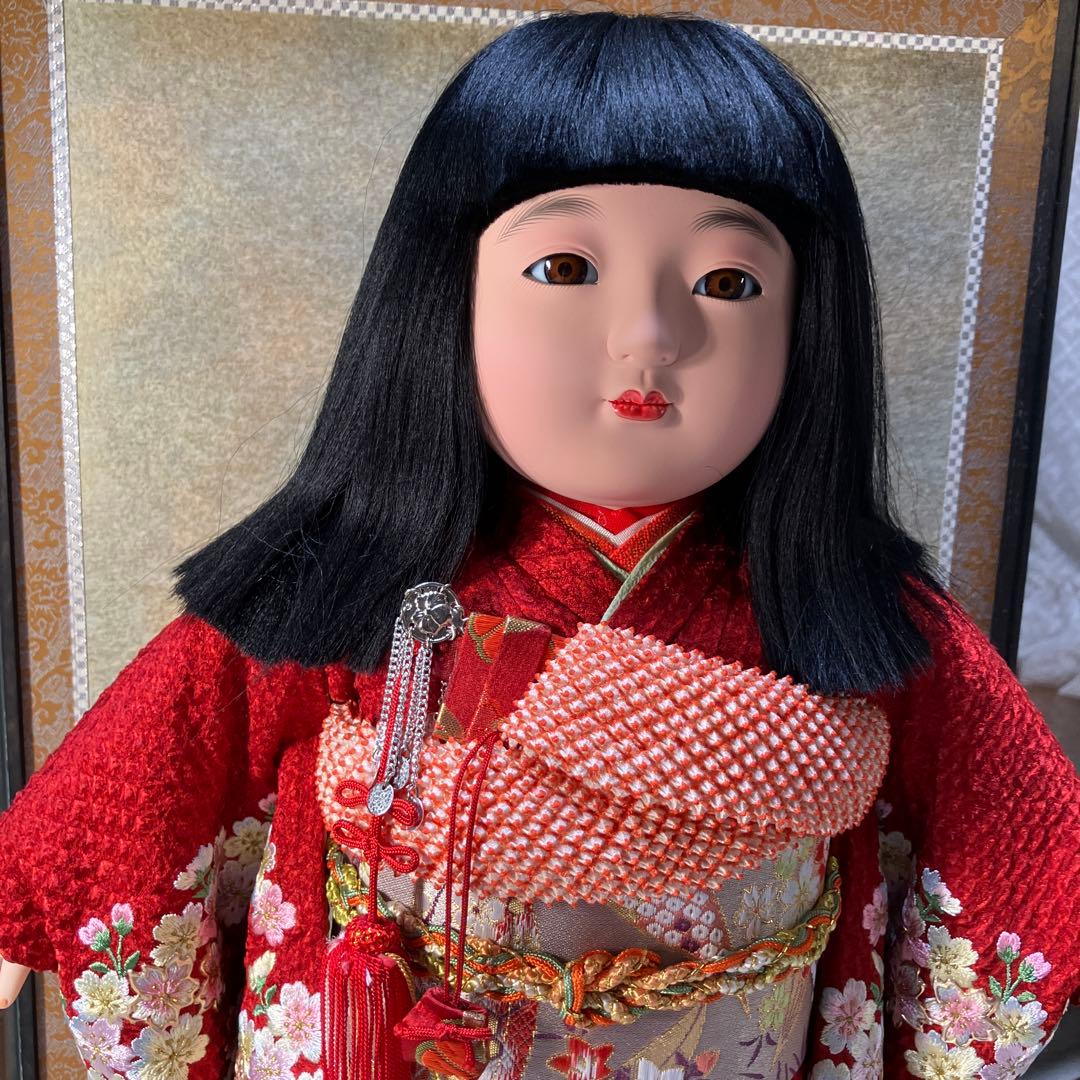 市松人形 ガラスケース入り 赤地桜着物 銘札あり