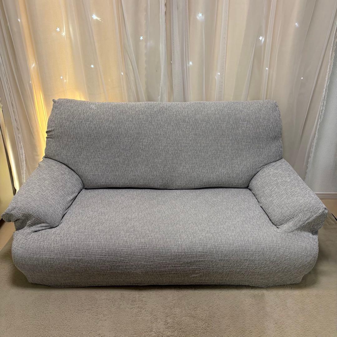 グレー 2人掛けソファ 脚取り外しOK／カバー付き【引き取り限定】