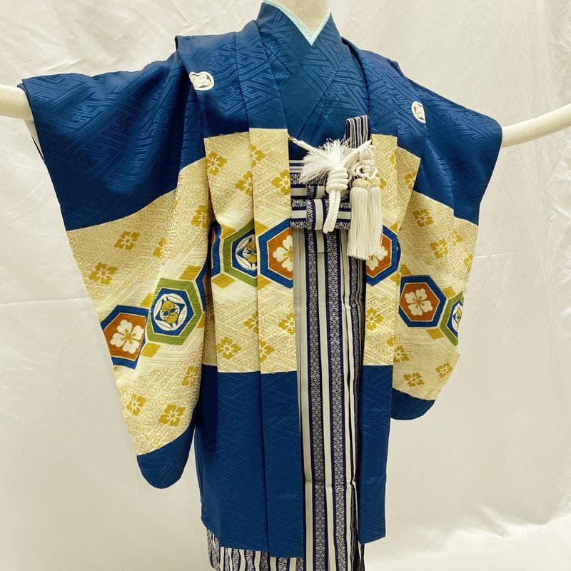 509ab47◎七五三 五歳 男児 着物&羽織&袴&角帯&長襦袢 亀甲 濃藍◎