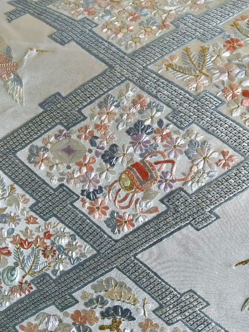 最終値下げ O-286 西陣袋帯 お太鼓柄 金銀糸 宝尽くし 鶴 手刺繍 美品