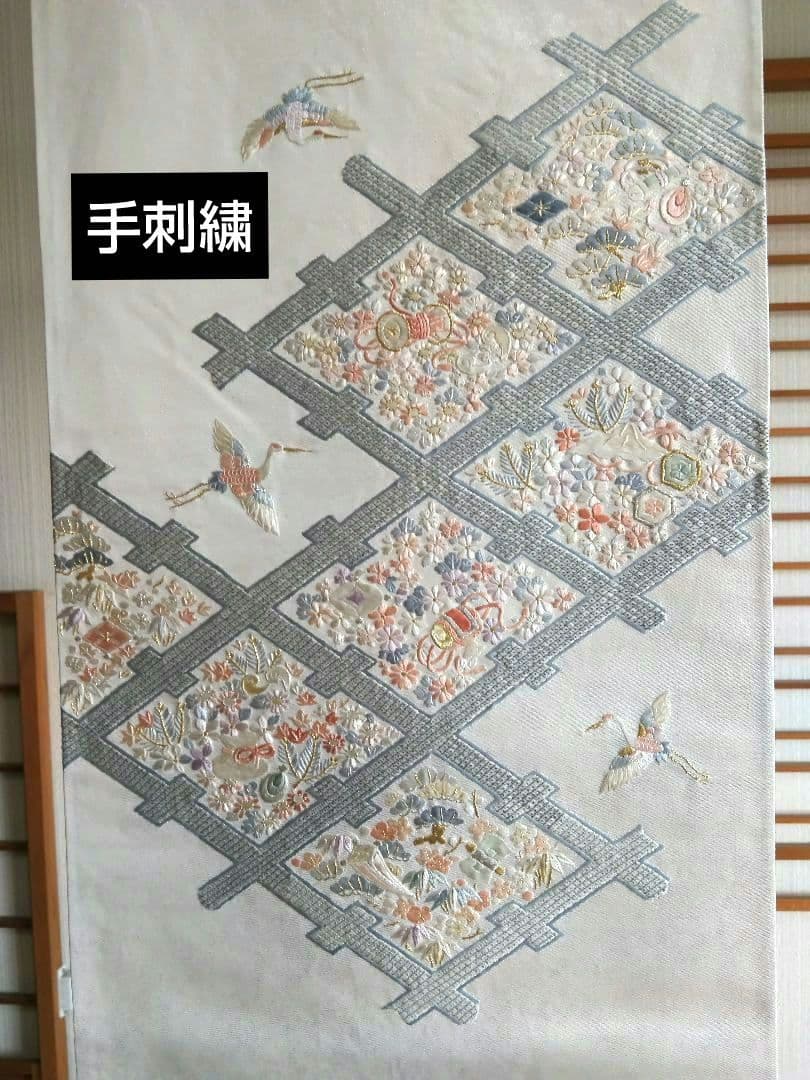 最終値下げ O-286 西陣袋帯 お太鼓柄 金銀糸 宝尽くし 鶴 手刺繍 美品