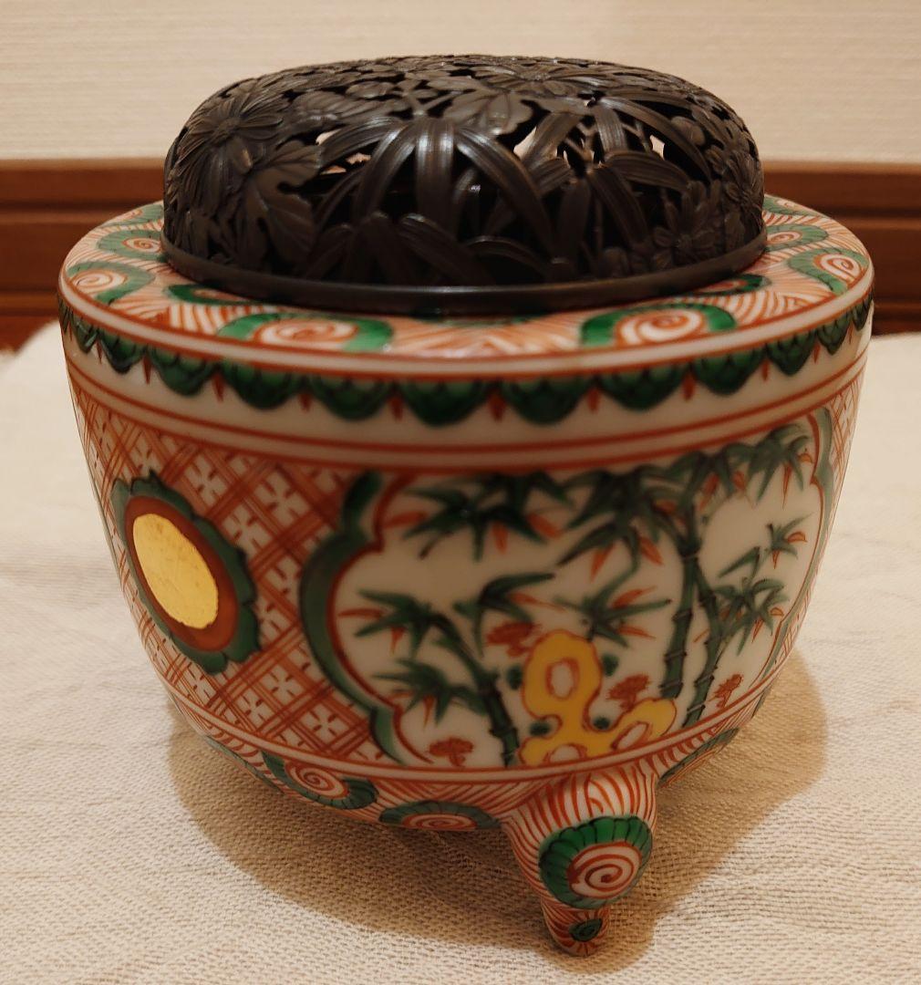 四代三浦竹泉 赤絵 香炉 純銀火屋 松興堂 金彩 四君子 アンティーク