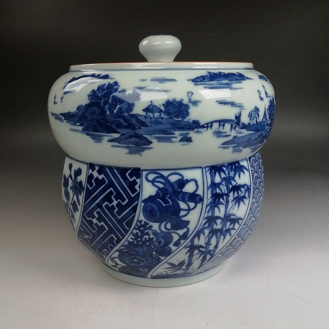 Ｗ２３４　水指　『染付　腰捻　水指』『塗替蓋付』『加藤郷山 造』　共箱　茶道具