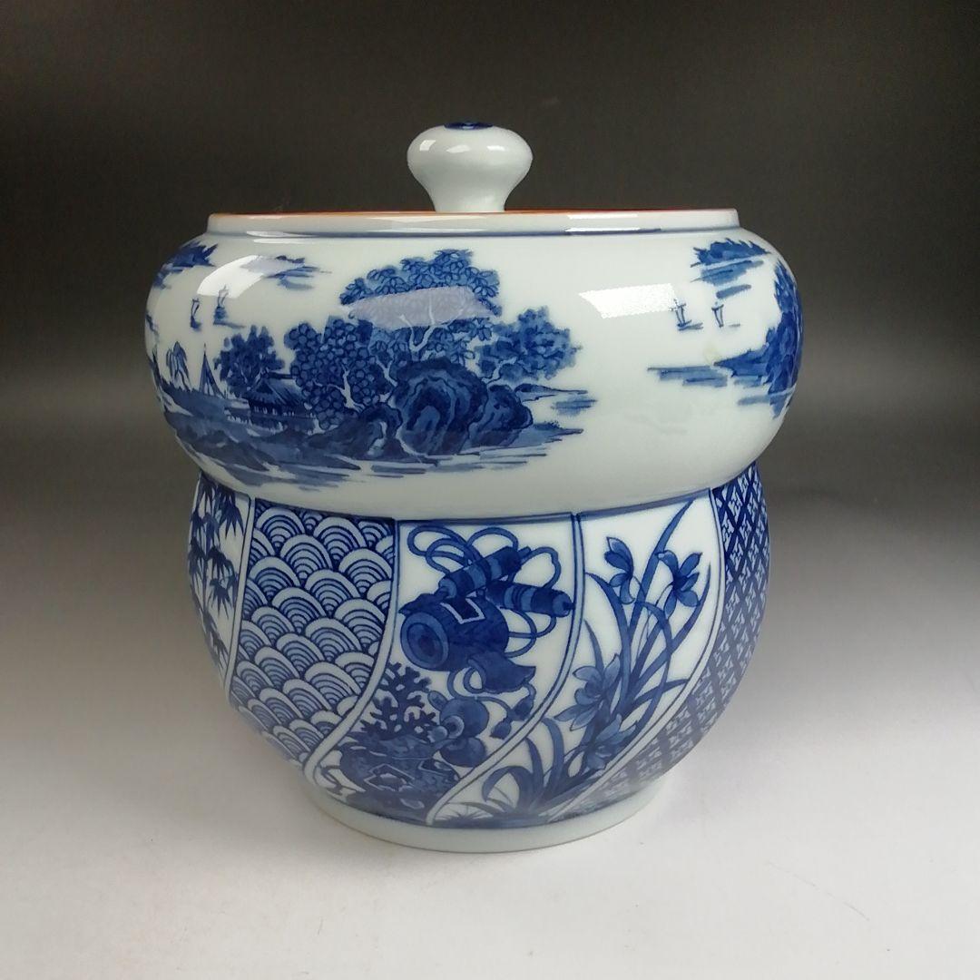 Ｗ２３４　水指　『染付　腰捻　水指』『塗替蓋付』『加藤郷山 造』　共箱　茶道具