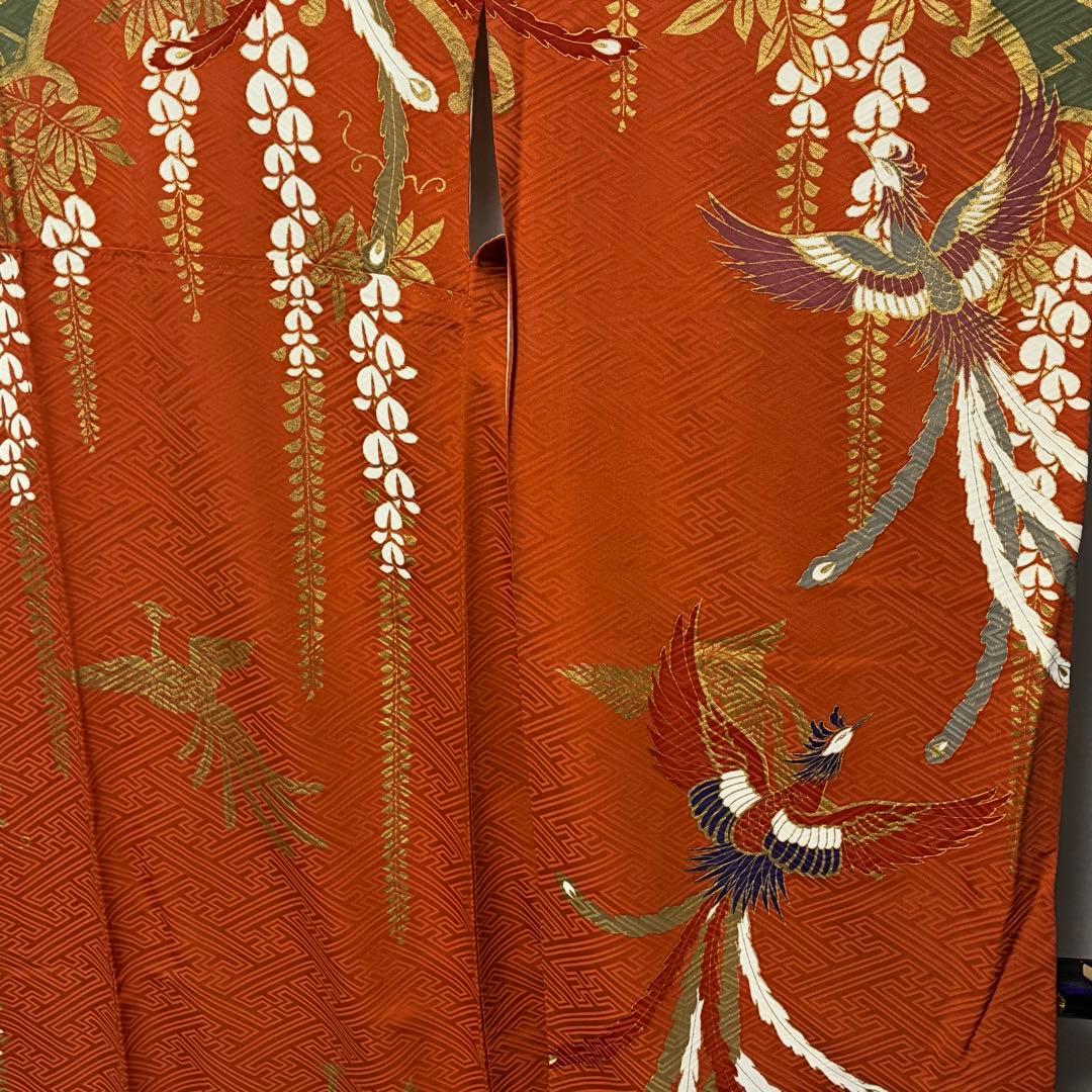 D177 振袖　鳳凰　藤の花　金彩　正絹　着物　袷　極美品