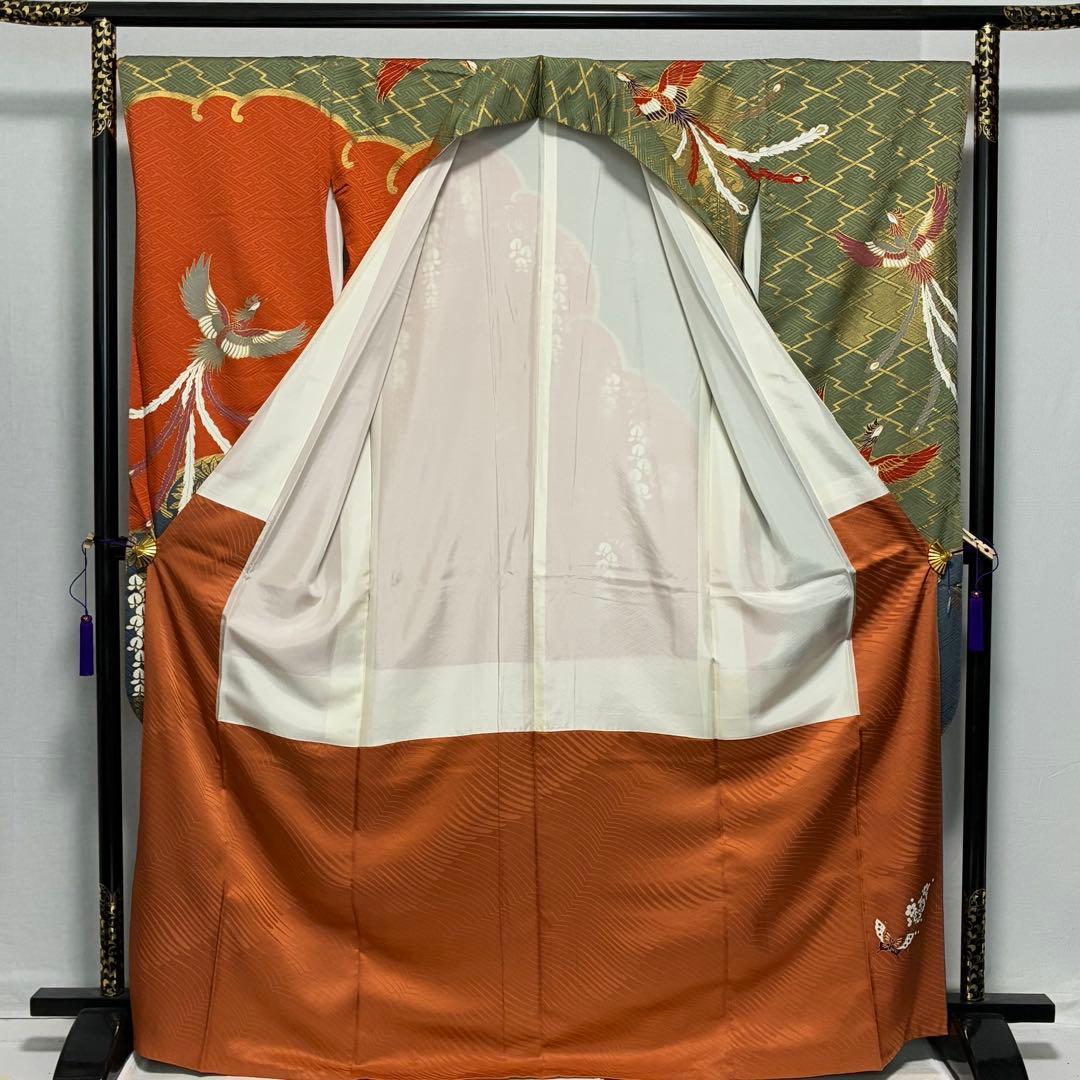 D177 振袖　鳳凰　藤の花　金彩　正絹　着物　袷　極美品