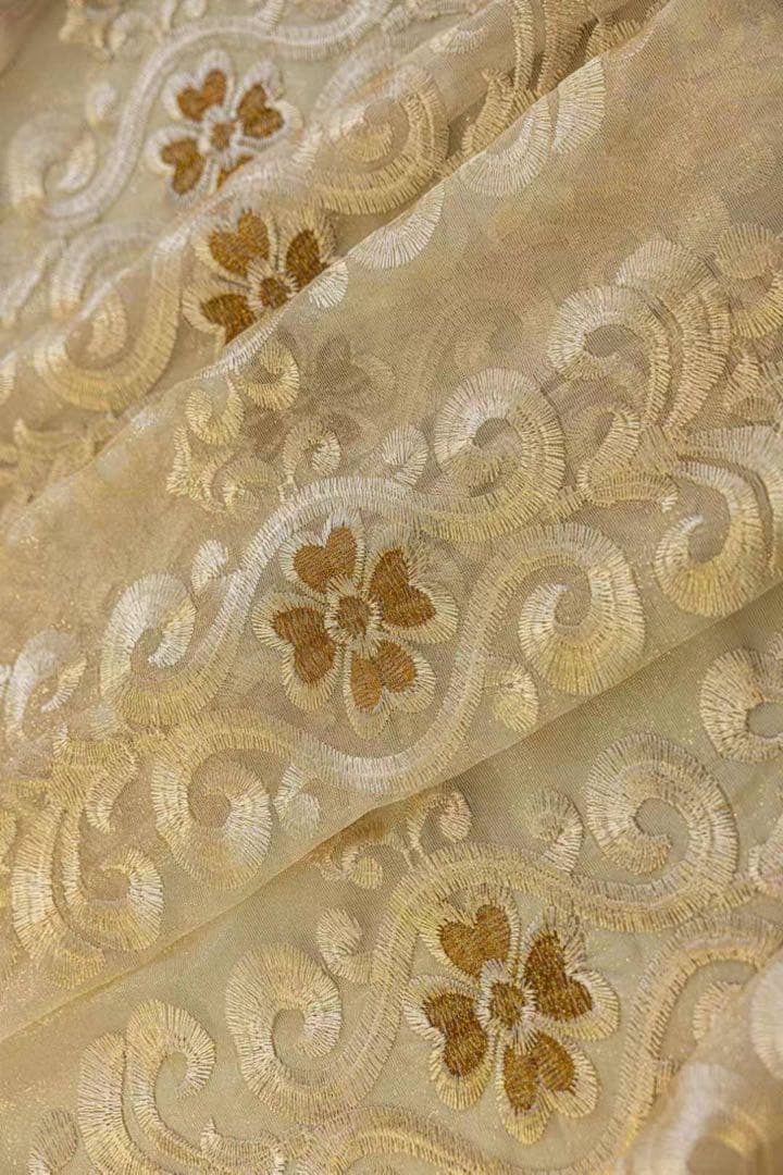 2枚入り　レースカーテン　金運UP ベージュ　刺繍柄　クローバー　レース　送料込