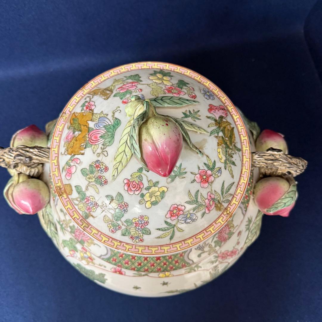 大清乾隆年製 大振り 蓋物 粉彩 桃 唐子 中国 唐物 時代 古玩 蔵出 骨董品