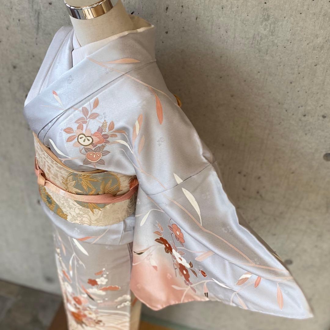 正絹　訪問着　一部金駒　薄いブルーグレー　袷