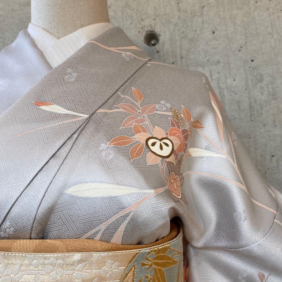 正絹　訪問着　一部金駒　薄いブルーグレー　袷