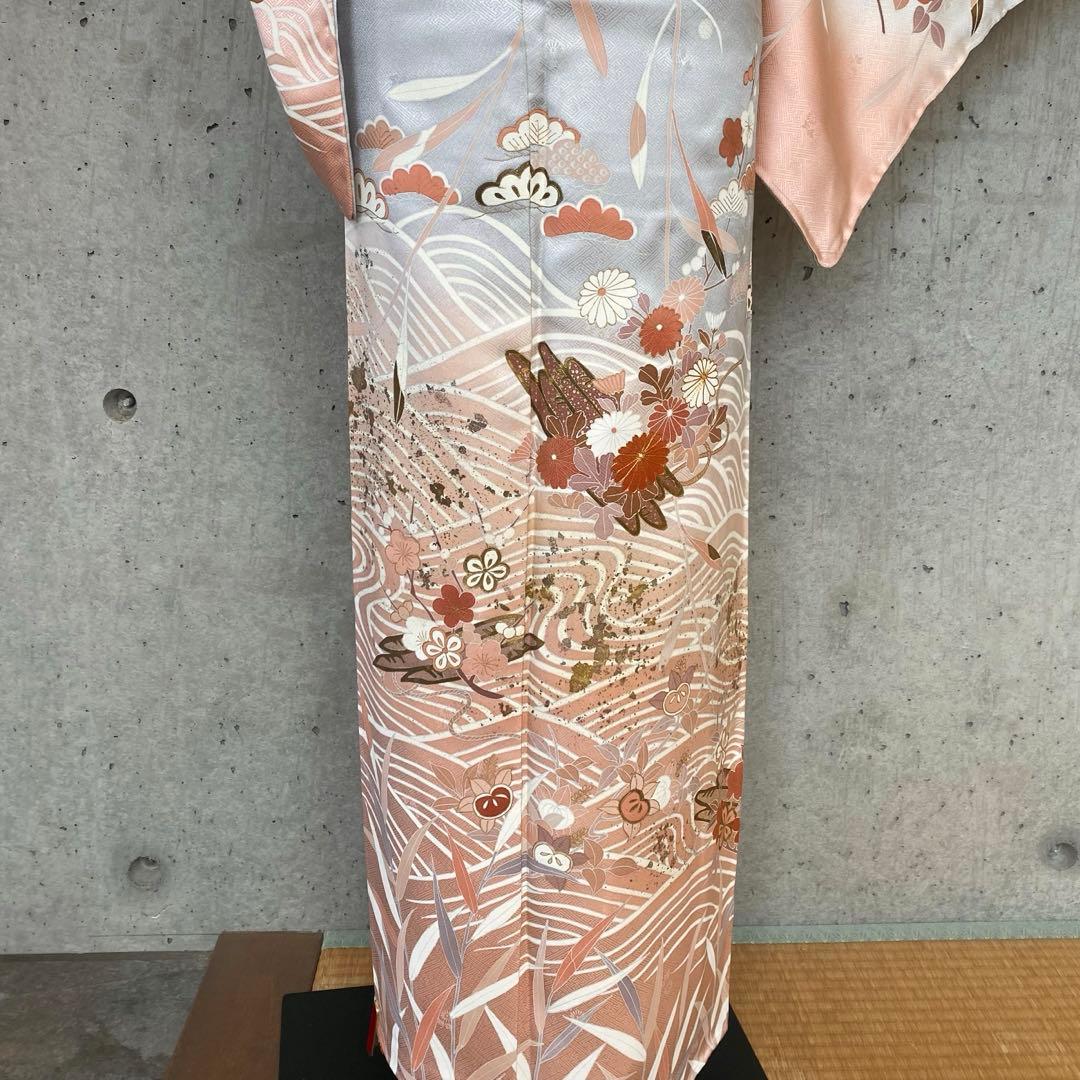 正絹　訪問着　一部金駒　薄いブルーグレー　袷