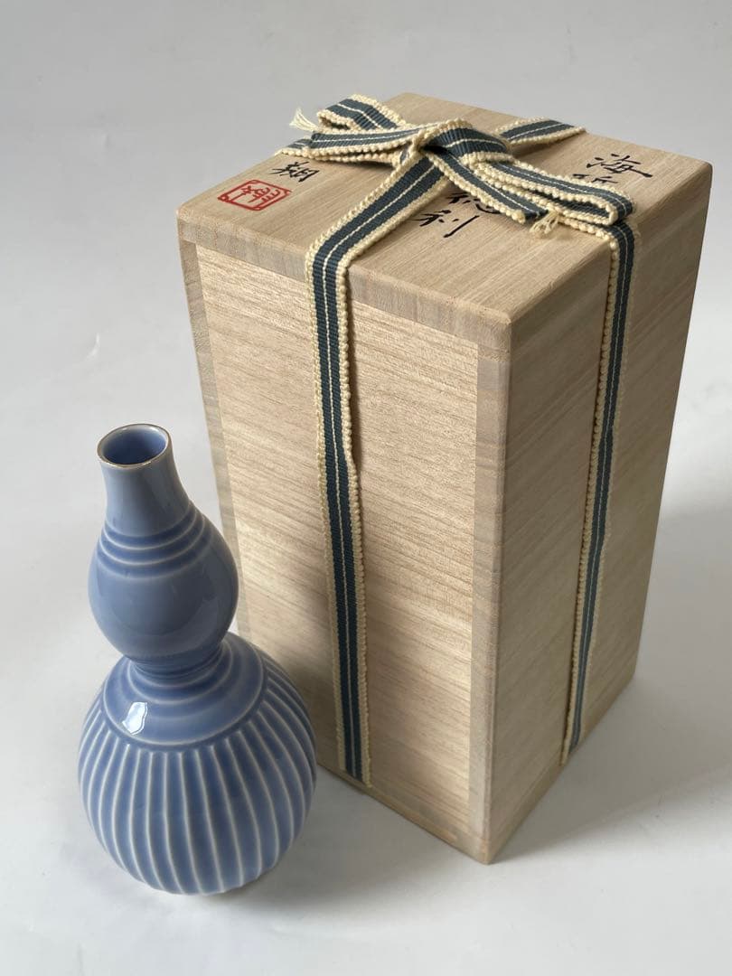 陶芸家　作家物　荒谷翔　海碧釉　瓢徳利　瓢箪　花入　一輪挿し　花瓶　共箱