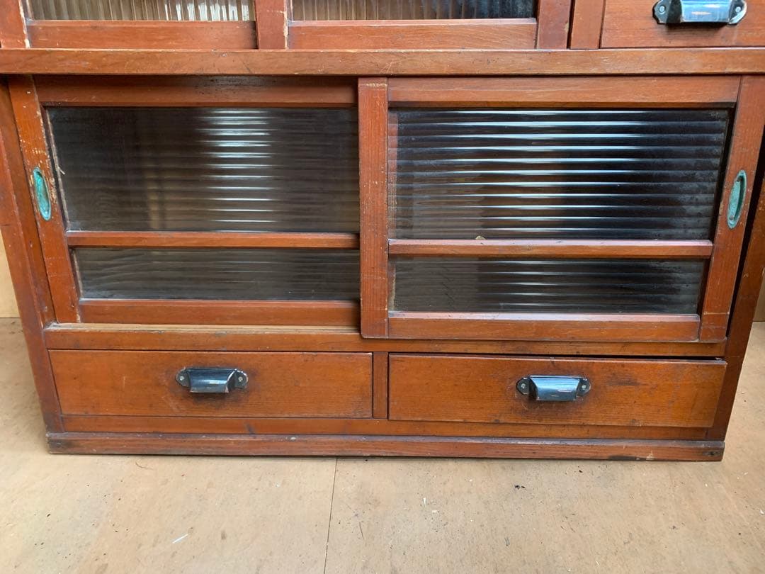 古い木全面モールガラス　収納陳列棚引き出し4杯　レトロ昭和ガラス古家具