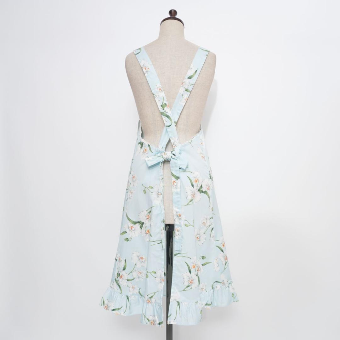 新品 クリスチャンディオール 花柄プリントエプロン 水色 サイズF*LD188