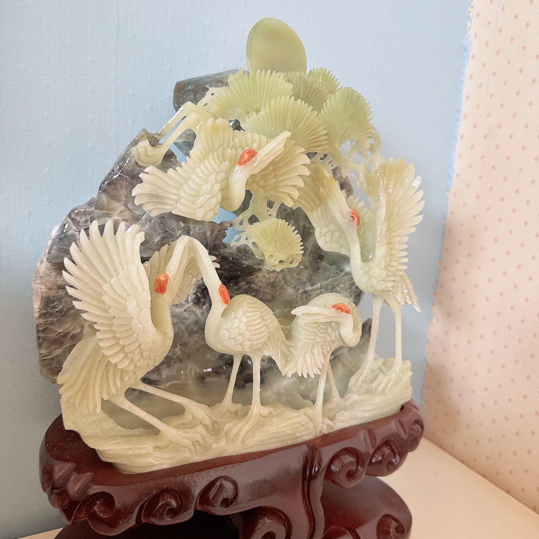 天然石★アフガニスタン玉石★鶴の彫刻★置物★美術品★台座付き