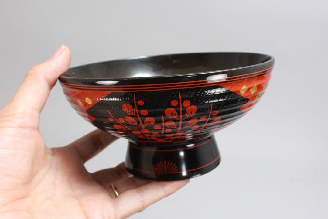 No4797秀衡塗　梅樹文蓋付椀　9客 木箱付　漆器　岩手　伝統工芸　送料無料