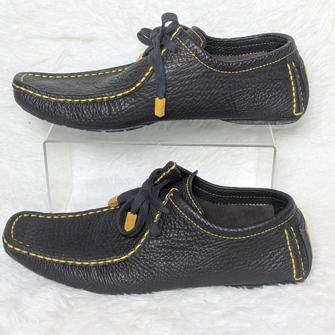 ルイヴィトン レザー ドライビングシューズ 7.5 黒×イエローステッチ メンズ