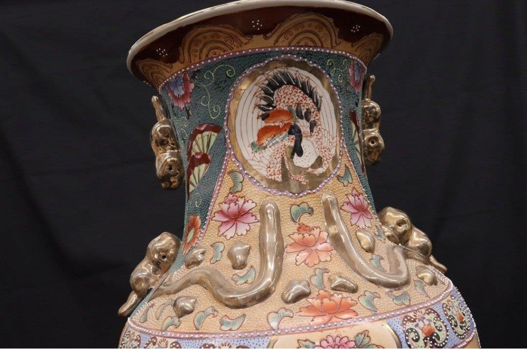 薩摩焼 特大78cm 花瓶 金彩色絵 飾壺 大壷 金襴手 美人画 中国古玩